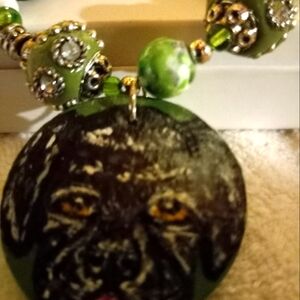 Handpainted  black labador stretch bracelet   with assorted glass  beads.